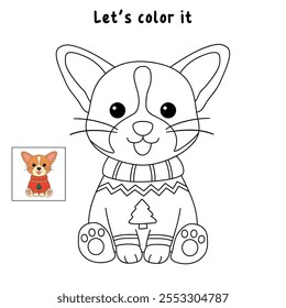 A cute puppy wearing a Christmas sweater coloring pages for kids. Trace and color dog Christmas character. Holiday seasons worksheet printable for kids. Christmas worksheet.