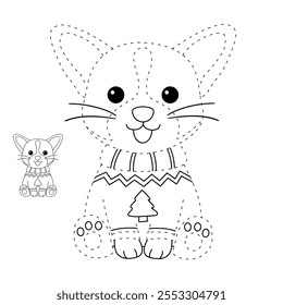 A cute puppy wearing a Christmas sweater coloring pages for kids. Trace and color dog Christmas character. Holiday seasons worksheet printable for kids. Christmas worksheet.