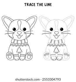 A cute puppy wearing a Christmas sweater coloring pages for kids. Trace and color dog Christmas character. Holiday seasons worksheet printable for kids. Christmas worksheet.