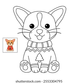 A cute puppy wearing a Christmas sweater coloring pages for kids. Trace and color dog Christmas character. Holiday seasons worksheet printable for kids. Christmas worksheet.