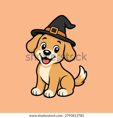 Cute puppy wearing a classic witch hat with a cheerful expression. Perfect for Halloween stickers, greeting cards, children's graphics, and pet themed seasonal designs.
