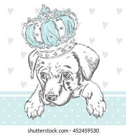 Cute puppy wearing a crown. Vector illustration for greeting card, poster, or print on clothes. Dog clothing. Fashion & Style.
