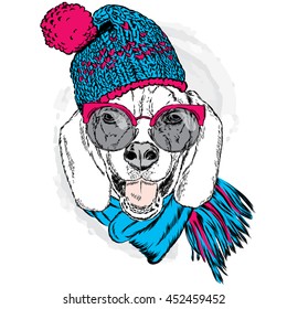 Cute puppy wearing a hat and scarf. Vector illustration for greeting card, poster, or print on clothes. Dog clothing. Fashion & Style.