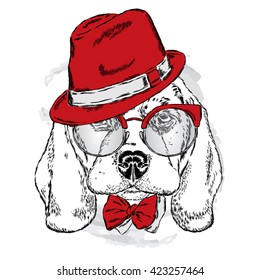 Cute puppy wearing a hat , sunglasses and a tie . Vector illustration. portrait of a dog.
