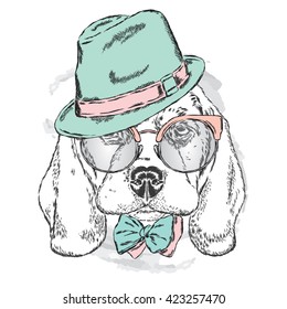 Cute puppy wearing a hat , sunglasses and a tie . Vector illustration.
