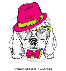 Cute puppy wearing a hat , sunglasses and a tie . Vector illustration.
