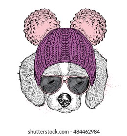 Cute puppy wearing a hat and sunglasses. Illustration for a card or poster. Vector illustration. Dog.