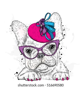 Cute puppy wearing a hat and sunglasses. French Bulldog. Vector illustration.