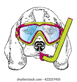 Cute puppy wearing a mask for diving. Vector illustration. portrait of a dog.
