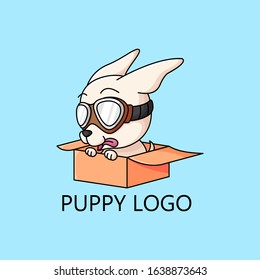 CUTE PUPPY WEARING PILOT EYEGLASSES AND FLYING WITH CARDBOARD. MASCOT LOGO FOR BUSINESS BRANDING.  