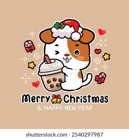 Cute Puppy Wearing Santa Hat Hugging Bubble Milk Tea, Celebrate Christmas, Greeting Card