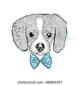 Cute puppy wearing a tie. Vector illustration for postcards or posters. Charming dog.