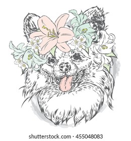 Cute puppy wearing a wreath of flowers. Vector illustration for greeting card, poster, or print on clothes. Fashion & Style. Vintage. Beautiful dog.