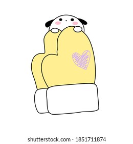 Cute puppy with winter gloves