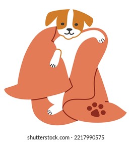 Cute puppy wrapped in towel, pet towel doodle icon, washing and bathing dog, animal supplies and accessories, vector illustration for pet shop, isolated colored clipart on white background
