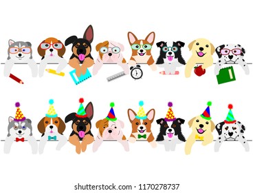 cute pups border set, with school items and with party hats and ties