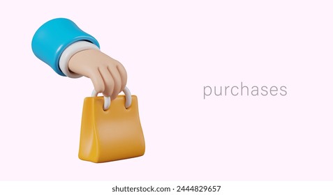 Cute purchases concept in cartoon style. Realistic hand holding shopping bag