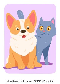 Cute purebred cat and dog pet friends together. Funny Welsh Corgi puppy with domestic British Shorthair kitten animal sticker. Companion couple friendship cartoon characters flat vector illustration