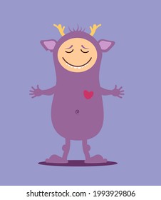 Cute purle monster want hugs. Vector illustration for print, card and design.