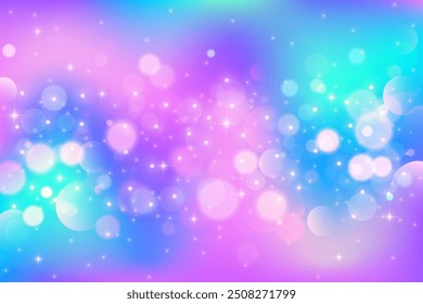 Fondo abstracto púrpura lindo con brillo y estrellas. Cielo de fantasía púrpura pastel de ensueño con destellos. Bolso ondulado mágico del unicornio. Galaxia brillante con gradiente holográfico. Ilustración vectorial.