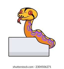 Cute purple albino tiger reticulated python cartoon with blank sign
