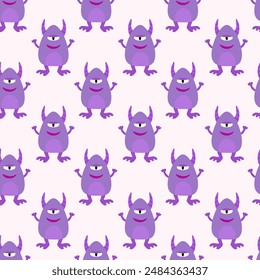 Cute purple alien or monster seamless pattern. Kids design. Vector flat illustration.