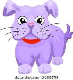 A cute purple american bull dog puppy wearing a red collar. Funny dog in cartoon style