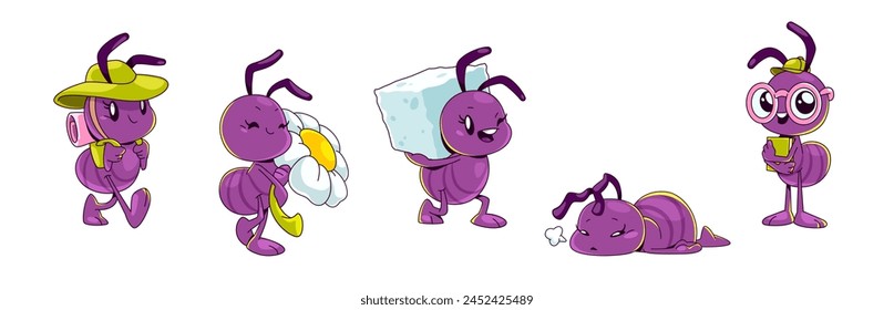 Cute purple ant cartoon character in different poses. Comic vector set of insect tourist with backpack, tired or sad laying, carrying sugar cube and daisy flower, smart student with book in glasses.