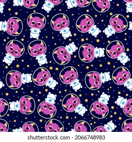 Cute purple astronaunt flying around in space, seamless pattern on dark backgrounf with stars and constellations