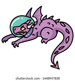 Cute purple astronaut dragon cartoon vector illustration motif set. Hand drawn isolated space fairytale elements clipart for mythology blog, star and galaxy graphic, girly web buttons.