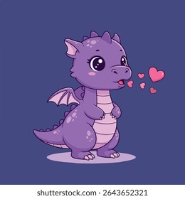 Cute purple baby dragon is blowing a kiss of hearts on a dark blue background.