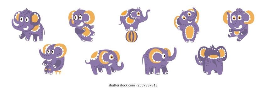 Cute Purple Baby Elephant Character with Pretty Snout Vector Set