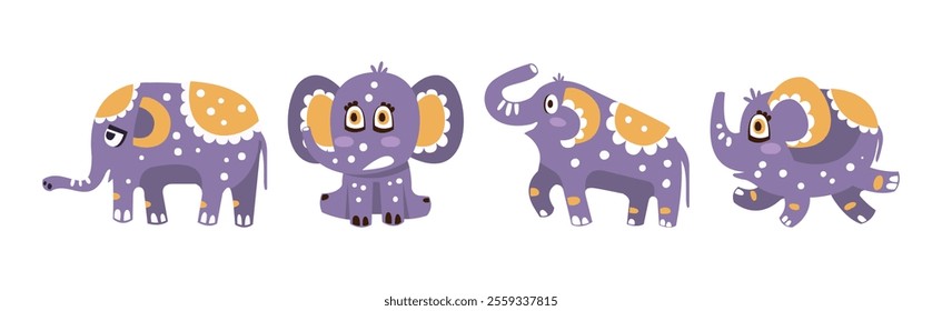 Cute Purple Baby Elephant Character with Pretty Snout Vector Set