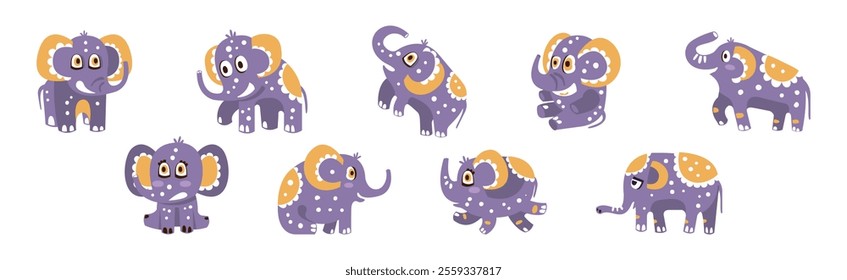 Cute Purple Baby Elephant Character with Pretty Snout Vector Set