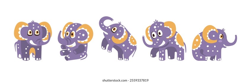 Cute Purple Baby Elephant Character with Pretty Snout Vector Set