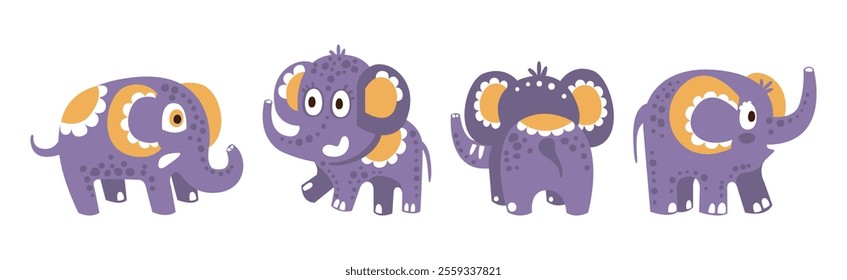 Cute Purple Baby Elephant Character with Pretty Snout Vector Set