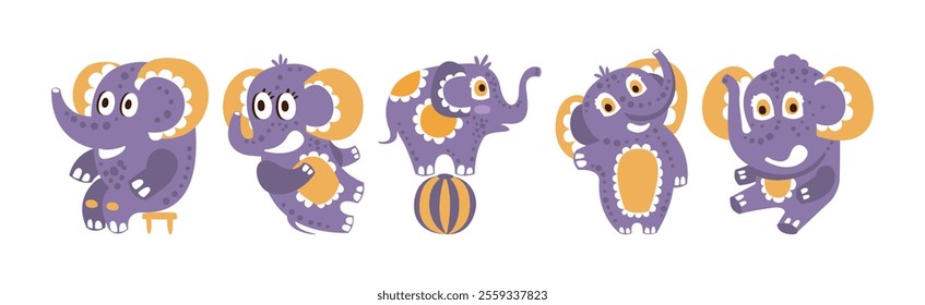 Cute Purple Baby Elephant Character with Pretty Snout Vector Set