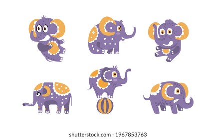 Cute Purple Baby Elephants Collection, Adorable Funny Animal in Different Poses Cartoon Vector Illustration