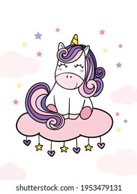 Cute Purple baby magical unicorn on pink cloud with stars in background, doodle easy simple cartoon illustration