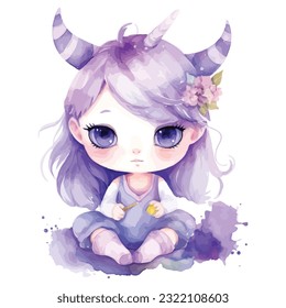 Cute Purple Baby Unicorn kids watercolor svg
