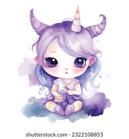 Cute Purple Baby Unicorn kids watercolor svg