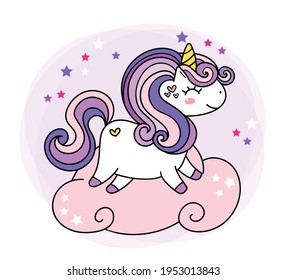Cute Purple Baby Unicorn magical horn simple doodle outline vector illustration