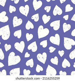 Cute purple background for Valentine's Day with white hearts. Colors of the year 2022. Textured seamless pattern with aged effect. Hand drawn doodle style. Vector illustration.
