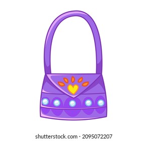 A cute purple bag decorated with pearls and a heart-shaped pattern. Vector illustration of a girl's accessory in a cartoon children's style. Isolated clipart. Colored art with an outline