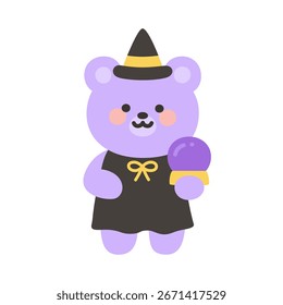 Feiticeira de urso roxo bonito segurando bola de cristal no fundo branco Vetor ilustração