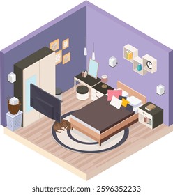 cute purple bedroom with a sleeping cat