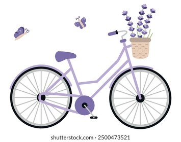 Cute purple bicycle with lavender, vector flat illustration, retro bicycle with summer flowers