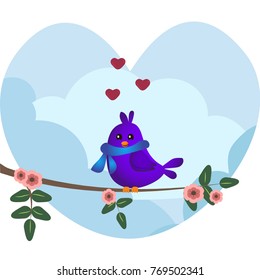 Cute purple bird with blue scarf sitting on a branch with flowers. Cute sparrow with hearts on sky background