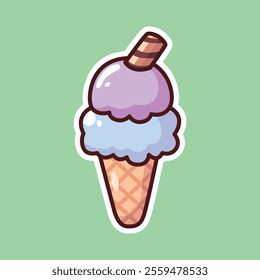 Cute purple and blue ice cream cone illustration featuring a chocolate stick detail on a pastel green background. Perfect for playful and vibrant designs.