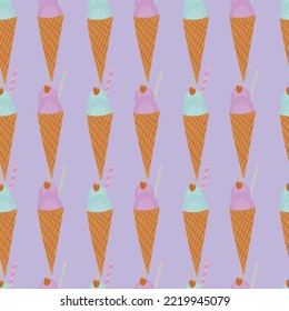 Cute Purple, blue vector graphic ice cream pattern on a purple background, hand drawn for prints and textile  